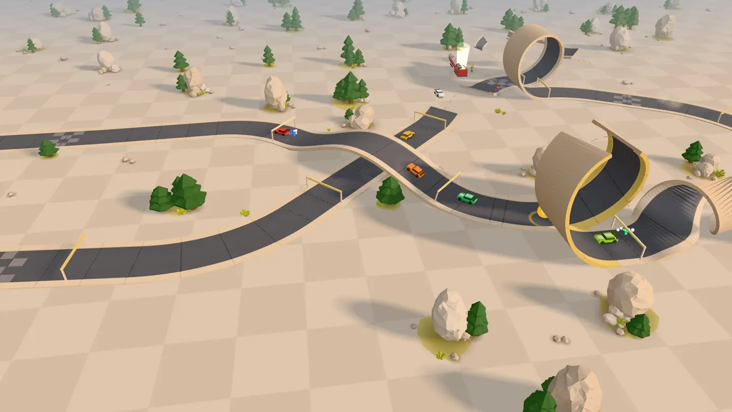 Toy race cars speeding over an overpass and through a wall ride, with a loop in the distance