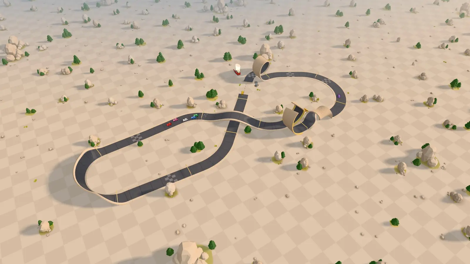 A whole toy track seen from above: a figure eight with a loop, an overpass and a wall ride